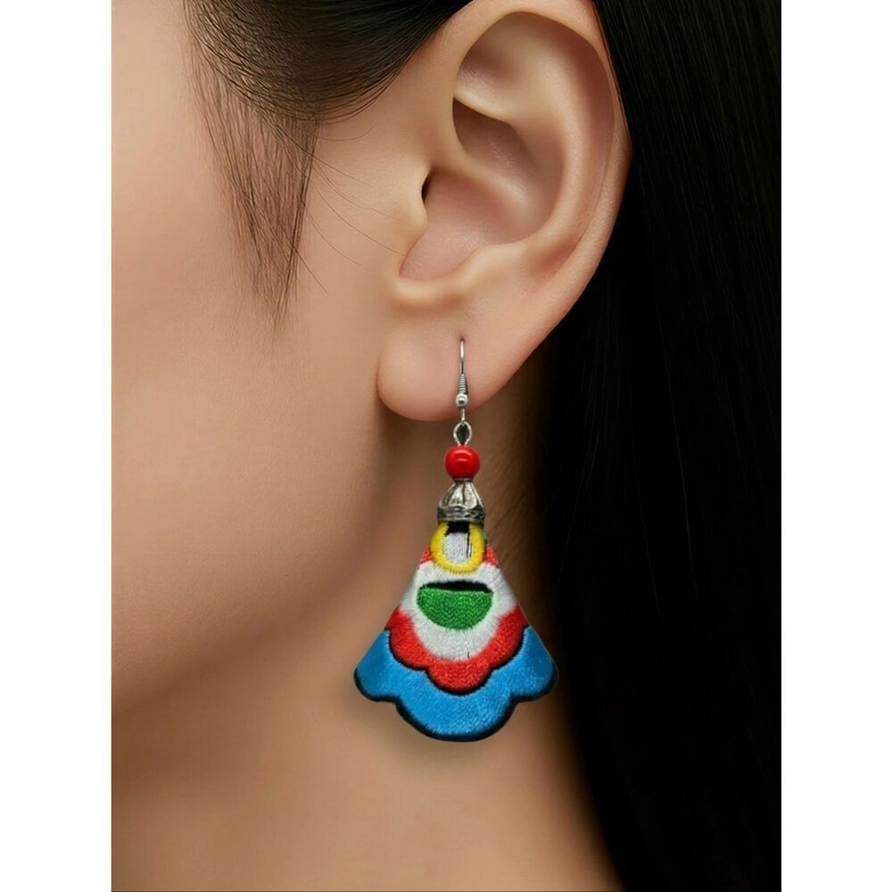Handmade Colorful Embroidered Harmony Earrings Tribal Tulip Fabric Fan Artisan